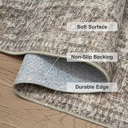 FMFUNCTEX 6x9 Washable Area Rug Vintage Neutral Distressed Large Taupe Non Slip Carpet for Living Room Bedroom Soft Low Pile Indoor Mat Retro Floral Throw Rug for Dining Room Kitchen Office Nursery
