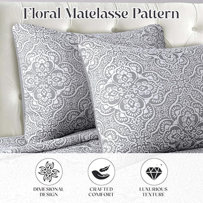 Superior 3 Piece Bedspread Set, Home Bed Decor, Decorative Bed Spread, 2 Pillow Shams, Medium Weight Blanket, Floral Matelasse Coverlet, Bedding Essentials, Enzy Collection, King, Charcoal