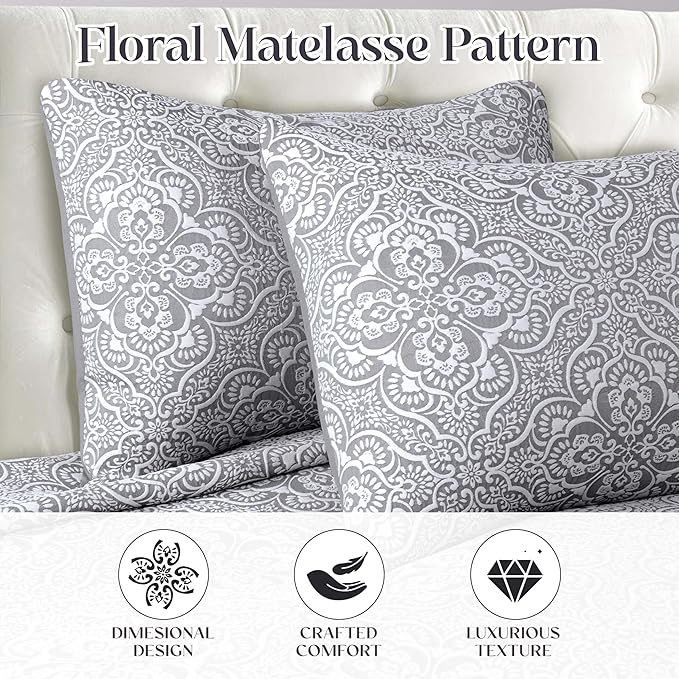 Superior 3 Piece Bedspread Set, Home Bed Decor, Decorative Bed Spread, 2 Pillow Shams, Medium Weight Blanket, Floral Matelasse Coverlet, Bedding Essentials, Enzy Collection, Full, Charcoal