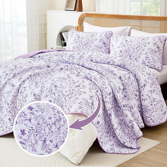 WONGS BEDDING Quilt King Size, Purple Quilt Bedding Set with 2 Pillowcases, Botanical Quilt for King Bed, Soft Microfiber Lightweight Coverlet Bedspread for All Season (110"×90", 3 Pieces)
