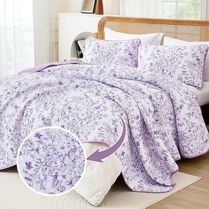 WONGS BEDDING Quilt King Size, Purple Quilt Bedding Set with 2 Pillowcases, Botanical Quilt for King Bed, Soft Microfiber Lightweight Coverlet Bedspread for All Season (110"×90", 3 Pieces)