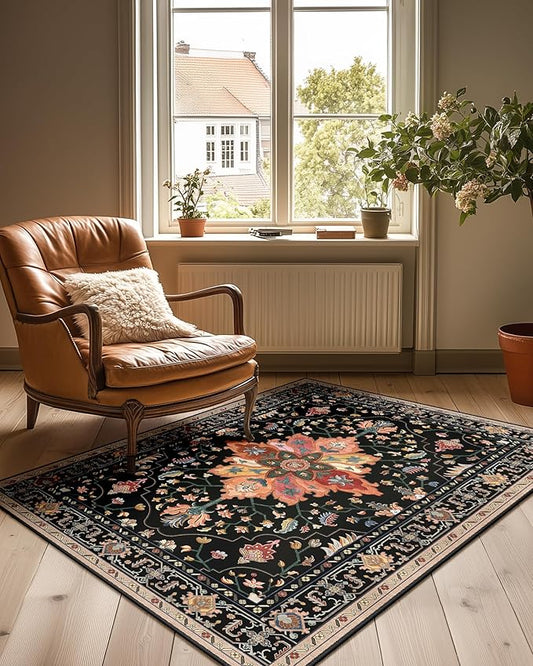 Area Rugs 3'x4' Washable Non-Slip, Floral Vintage Distress Print Pattern Medallion Carpet for Living Room Bedroom Dining Room, Black Colorful Floral Dark Tan