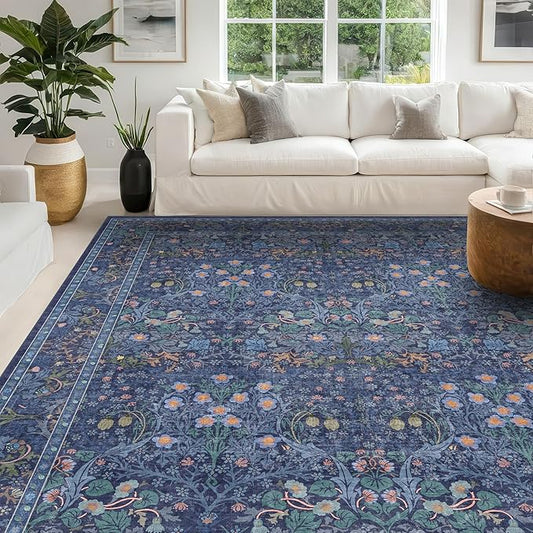 Vintage Dark Blue Living Room Rug, 7x10 Washable Large Area Rugs for Bedroom, Dining Room Rugs Under Kitchen Table, Oriental Navy Blue Low Pile Stain Resistant Non-Slip