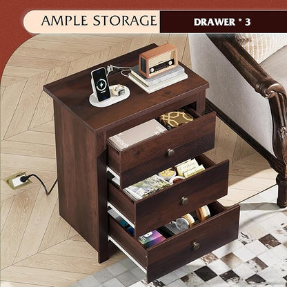 WLIVE Tall Nightstand with Charging Station, Wood Night Stand with 3 Drawers Storage, Bedside Table End Side Tables with 2 USB Ports and Outlets for Bedroom, Closet, Espresso