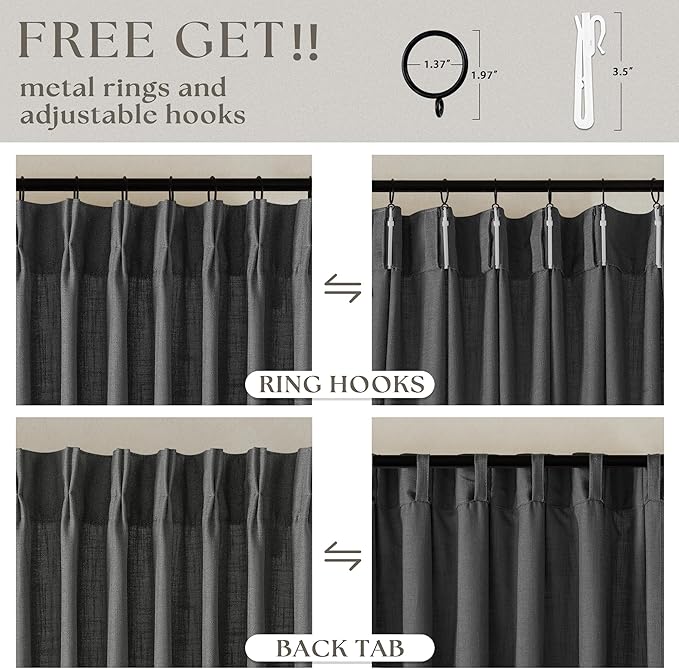 Dark Gray Linen Pinch Pleated Curtains 96 Inches Long for Living Room Pleated Drapes Back Tab Thick Linen Textured Modern Farmhouse Neutral Charcoal Slate Grey 96 Inch Curtain for Dining Bedroom
