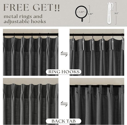 Charcoal Grey Pinch Pleated Linen Curtains 108 Inches Long for Living Room 2 Panels Set Flax Double Pleated Drapes Back Tab Farmhouse Neutral Ceiling Floor 108 Inch Window Curtains Bedroom Dark Grey