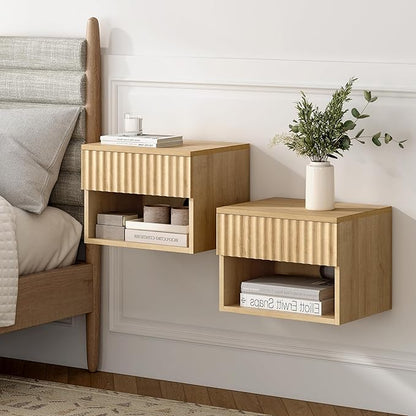 Floating TV Stands Set of 4 with Drawer and Open Shelf, Small Wall Mounted Bedside End Table, Modern Fluted Night Stand for Bedroom, Living Room, Natural Oak