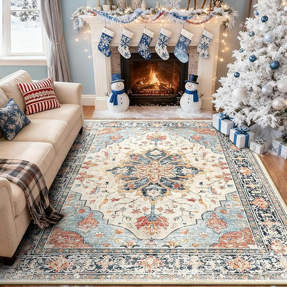 Area Rugs 6'x8' Washable Non-Slip, Floral Vintage Distress Print Pattern Medallion Carpet for Living Room Bedroom Dining Room, Beige Navy Blue Orange Colorful