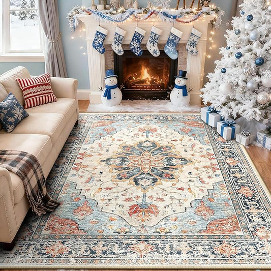 Area Rugs 6'x9' Washable Non-Slip, Floral Vintage Distress Print Pattern Medallion Carpet for Living Room Bedroom Dining Room, Beige Navy Blue Orange Colorful
