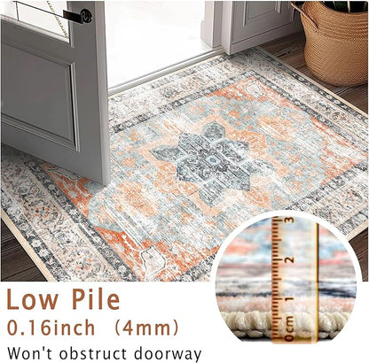 Runner Rug 2'x7' Vintage Washable Non-Slip Runners for Hallways Kitchen Entryway Laundry Room Floral Carpet Hallway Runner Orange