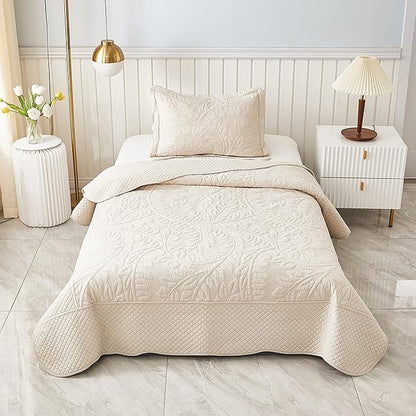 MarCielo 3-Piece 100% Cotton Oversized Bedspread Lightweight Quilt Coverlet Embroidery Farmhouse Bedding Set T0 (Yellowish Beige, Twin (68"x86"))