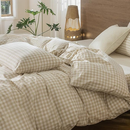 MooMee Gingham Duvet Cover Set 100% Washed Cotton Linen Like Textured Breathable Durable Soft Comfy Modern Checkered Design (Almond Milk Grey Gingham, King 104"x90")