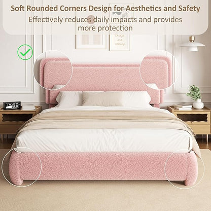 Twin Size Platform Bed Frame with Headboard, Boucle Upholstered Desige, Anti-Collision Corners, Soft Rounded Corners, No Box Spring Required, Easy Assembly, Noise Free