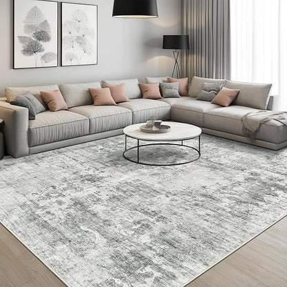 Abstract Rug 8x10 Large Living Room Rugs Neutral Modern Washable Area Rugs for Bedroom Dining Room Non-Slip Stain Resistant Foldable Thin Rug Gray White