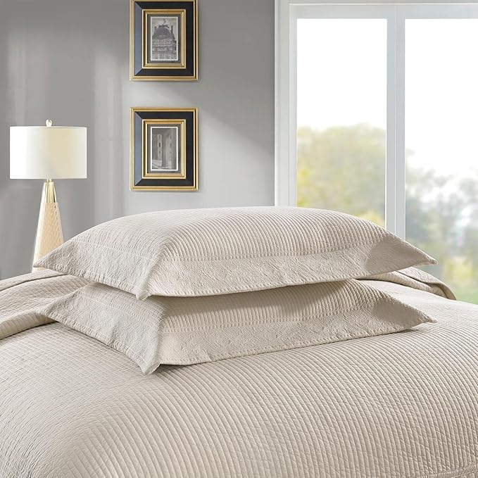 MarCielo 3-Piece 100% Cotton Oversized Bedspread Lightweight Quilt Coverlet Embroidery Farmhouse Bedding Set (TG Yellowish Beige, Oversized Queen (100"x106"))