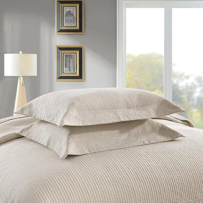 MarCielo 3-Piece 100% Cotton Oversized Bedspread Lightweight Quilt Coverlet Embroidery Farmhouse Bedding Set (TG Yellowish Beige, Oversized Queen (100"x106"))