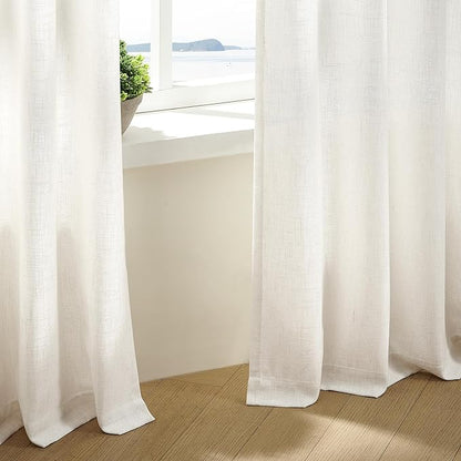 Custom Made Pinch Pleated Linen Curtains 105 Inches Long for Living Room 2 Panels Set Cream Ivory Memory Pleated Drapes Back Tab Neutral Boho Ceiling Floor 105 Inch Window Curtains Natural Birch