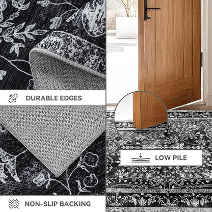 2x3 Washable Area Rug for Entryway：Soft Traditional Printed Area Rug Non-Slip Kitchen Rugs Low-Pile Medallion Indoor Door Mat Small Farmhouse Carpet for Entrance Foyer Bedside Black White 2x3