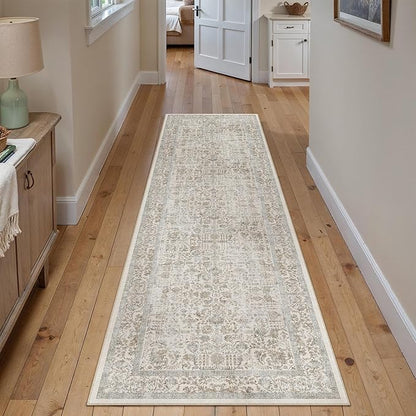 Taupe Runner Rug 2'6"x12' Washable Carpet for Hallway Kitchen Vintage Distressed Non Slip Indoor Retro Floral Bedroom Accent Throw Long Rug Bathroom Office Laundry Dining Living Room