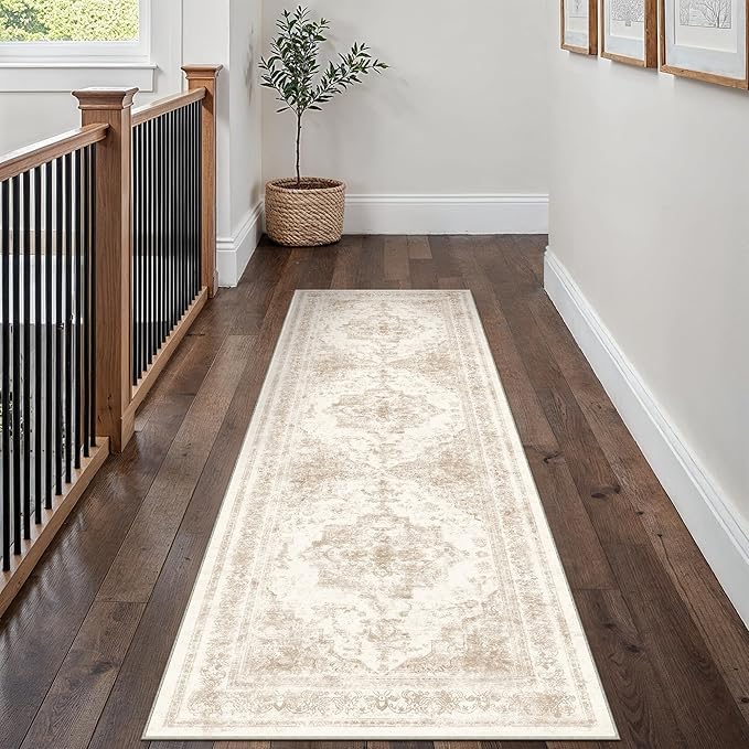 Runner Rug 2x8 Cream Hallway Washable Beige Carpet Non Slip Vintage Medallion Beige Carpet Low Pile Soft Distressed Retro Indoor Long Rug for Entryway Kitchen Bathroom Laundry Bedroom