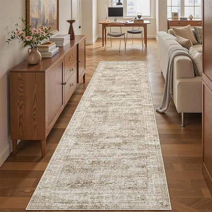 Runner Rug 2'6" x 10' Washable Non-Slip Runner Rugs for Kitchen Bathroom Laundry Room Vintage Ultra Thin Runners for Hallway Entryway Brown