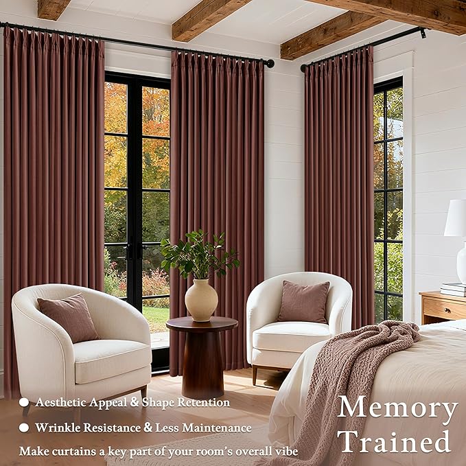 Chestnut Brown Pleated Linen Blackout Curtains 84 Inches Long for Bedroom Living Room Pinch Pleat Black Out Thermal Insulated Ring Hooks Back Tab Room Darkening Drapes Maroon Curtains with Liner