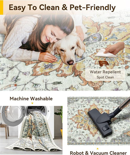 Area Rugs 5'x8' Washable Non-Slip, Floral Vintage Distress Print Pattern Medallion Carpet for Living Room Bedroom Dining Room, Light Yellow Carbon Grey Orange