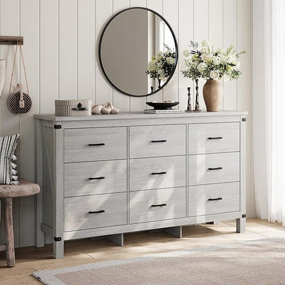 LINSY HOME Dresser for Bedroom with 9 Drawers, 59” Wide Chest with Deep Drawer, Modern Farmhouse Dresser TV Stand with Metal Handles, Wood Storage Cabinet for Closet, Living Room, Hallway, Wash Grey