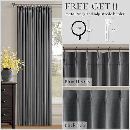 Dark Gray Linen Blackout Pleated 105 Inch Curtains for Living Room Darkening Pinch Pleat 100% Black Out Drapes Thermal Insulated Soundproof Charcoal Grey 105 Inch Curtain for Dining Bedroom