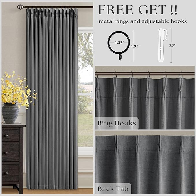 Grey Pleated Linen Blackout Curtains 84 Inches Long for Bedroom Living Room Pinch Pleat Black Out Thermal Insulated Ring Hooks Back Tab Room Darkening Drapes Charcoal Gray 84 Inch Curtains with Liner