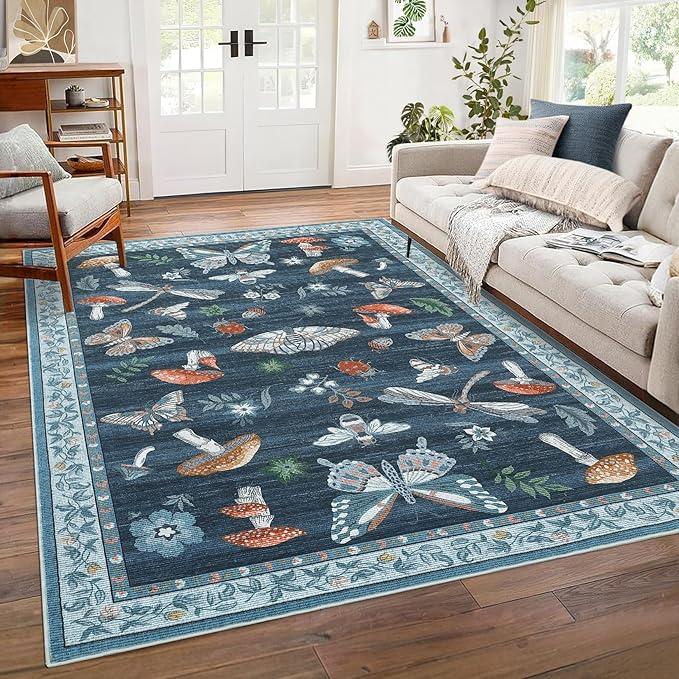 Mushroom Washable Area Rug 6x9 Rugs for Living Room Soft Low-Pile Stain Resistant Thin Carpet for Bedroom Dining Nursery Non Slip Mat with Rubber Blue