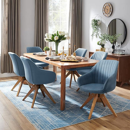 Zouron Mid Century Modern Swivel Accent Chair, Vanity Chair with Wooden Legs, Upholstered Arm Chair No Wheels, Accent Side Chair for Small Space Home Office Living Room Bedroom, Azure