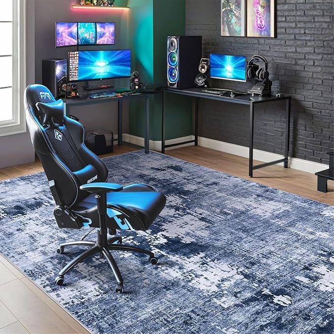 Area Rug Living Room Rugs - 7x9 Washable Large Soft Indoor Neutral Modern Abstract Low Pile Rug Carpet for Bedroom Dining Room Farmhouse Home Office - Navy Blue