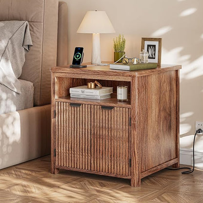 Fluted Nightstands Set of 2 with Charging Stations, 23.6" Wide Walnut Nightstand with Storage Drawers, Side Tables, Modern Farmhouse End Tables for Bedroom, Walnut Brown