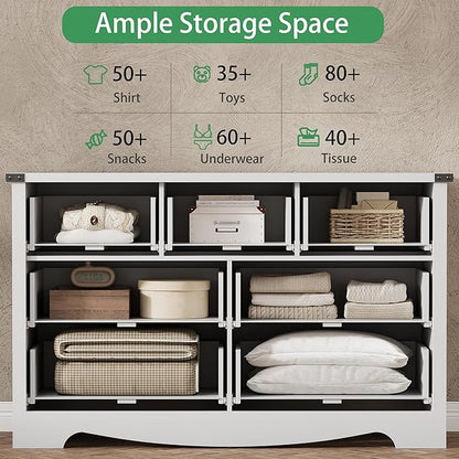 Dresser for Bedroom with 6 Drawers, 54" Wide Wood Chest of Drawers with Deep Drawers & Mental Handle, Modern Dresser TV Stand, Wooden Closet Storage Organizer for Living Room, Hallway, Entryway, White