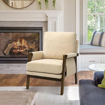 Beige Accent Chair for Bedroom & Living Room, Mid Century Modern Accent Arm Chair, Upholstered Anthropologie Accent Chair with Solid Wood Frame, Fabric