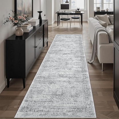 Washable Runner Rug, 2'6" x 8' Non-Slip Kitchen Vintage Foldable Hallway Runners for Entryway, Laundry, Bedroom, Grey