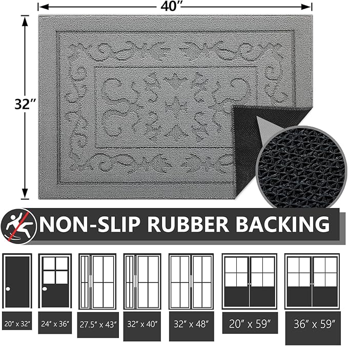 FONEYI Indoor Door Mat, Front Back Door Mat 32"x40" Non-Slip Rubber Backing Door Rug, Machine Washable Entry Rug, Low Profile Absorbent Dirt Trapper Doormat Inside Floor Mats for Entryway, Light Grey