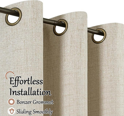 Short Linen Blackout Curtains 45 Inch Length 2 Panels, Thermal Insulated Total Light Blocking Window Curtains for Farmhouse Bedroom Basement, Bronze Grommet, Beige, Each 52" Wide