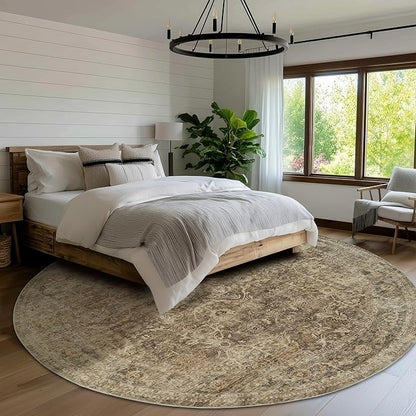 FMFUNCTEX 8ft Round Washable Area Rug Brown Vintage Neutral Distressed Large Non Slip Carpet for Living Room Bedroom Soft Low Pile Indoor Mat Retro Floral Throw Rug for Dining Kitchen Office Nursery