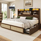 King Size Rattan Bed Frame with 4 Storage Drawers and Hidden Storage Headboard Wooden Platform Bed Frame with LED Lights and Charging Station, No Box Spring Needed, Easy Assembly, Brown