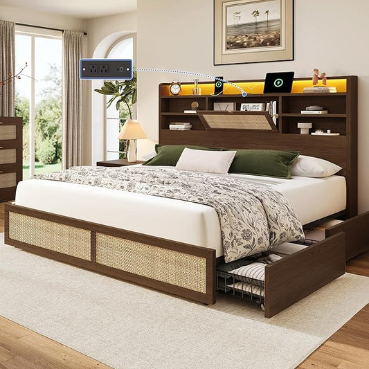 Queen Size Rattan Bed Frame with 4 Storage Drawers and Hidden Storage Headboard Wooden Platform Bed Frame with LED Lights and Charging Station, No Box Spring Needed, Easy Assembly, Brown