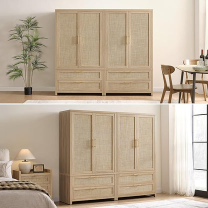 SICOTAS Armoire Wardrobe Closet, Larger Rattan Armoires Wardrobe Cabinet with 2 Large Drawers & Hanging Rod, Tall Closet Storage Cabinet for Cloak Room, Bedroom, Light Oak (3 PCS)