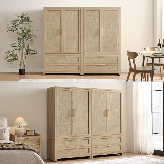 SICOTAS Rattan Armoire Wardrobe Closet Cabinet, 71" Wardrobe Storage Cabinet with 2 Drawers, and Hanging Rod, Boho Large-Capacity Deep Armoire Clothes Organizer for Bedroom, Cloak Room, Light Oak