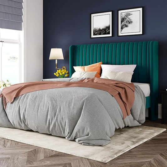 Allewie Queen Size Bed Frame/Velvet Upholstered Platform Bed/Vertical Channel Tufted Wingback Headboard/Strong Wooden Slats/No Box Spring Needed/Easy Assembly/Teal