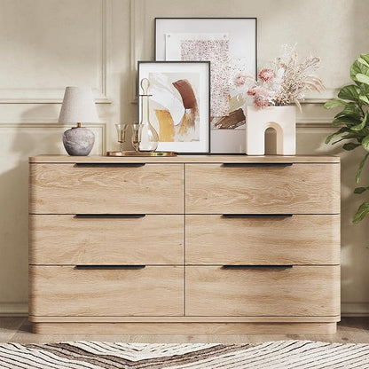 6 Drawer Dresser for Bedroom, 54" Wide Modern Chest of Drawers with Metal Handle, Curved Profile Design, Wooden Oak Dresser Closet Clothes Storage TV Stand for Living Room, Hallway