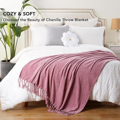 BATTILO HOME Chenille Throw Blanket for Couch, Soft Cozy Throw Blanket with Fringe Tassels, Lightweight Knitted Throw for Spring Summer, Pink, 50"x60"