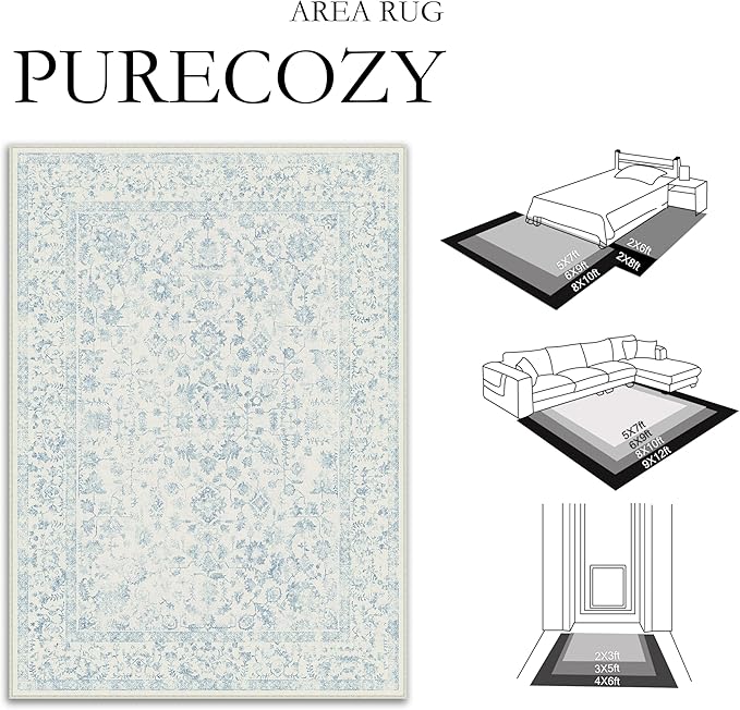 4x6 Blue Area Rug Non Slip Vintage Office Entryway Rug Distressed Machine Washable Kitchen Carpet Traditional Retro Floral Accent Throw Door Mat for Bedroom Bathroom Dining Living Room