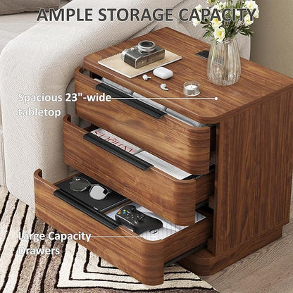 Nightstands Set of 2, Bedside Table with 3 Storage Drawers, 24" Tall Wood Night Stand with Charging Station, Modern Wide End Table Side Table W/Metal Handle Curved Profile for Bedroom