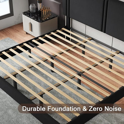 Upholstered King Size Bed Frame with Linen Fabric Headboard, Strong Wooden Slats Support, Noise Free, No Box Spring Needed, Black